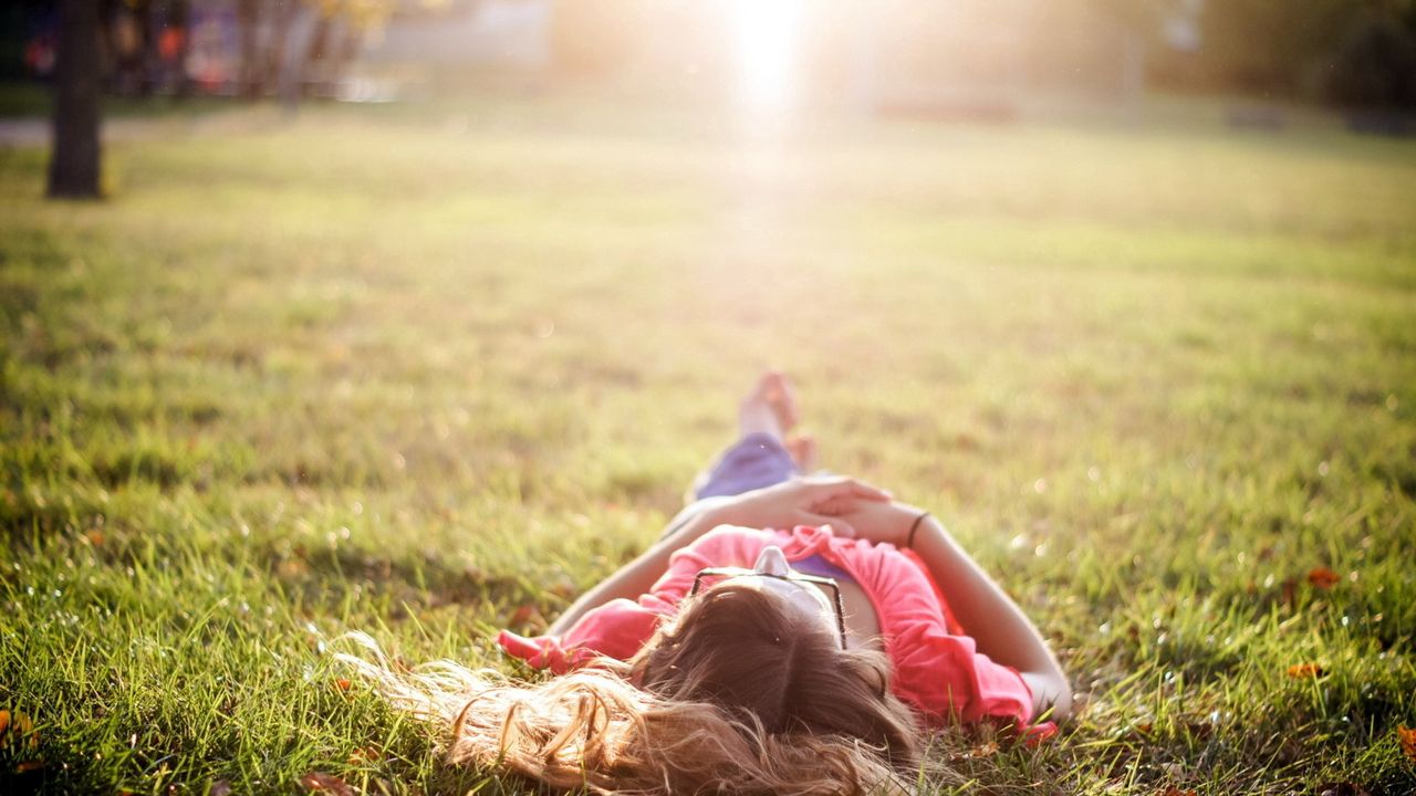 Wallpaper girl, grass, nature, rest, sunshine