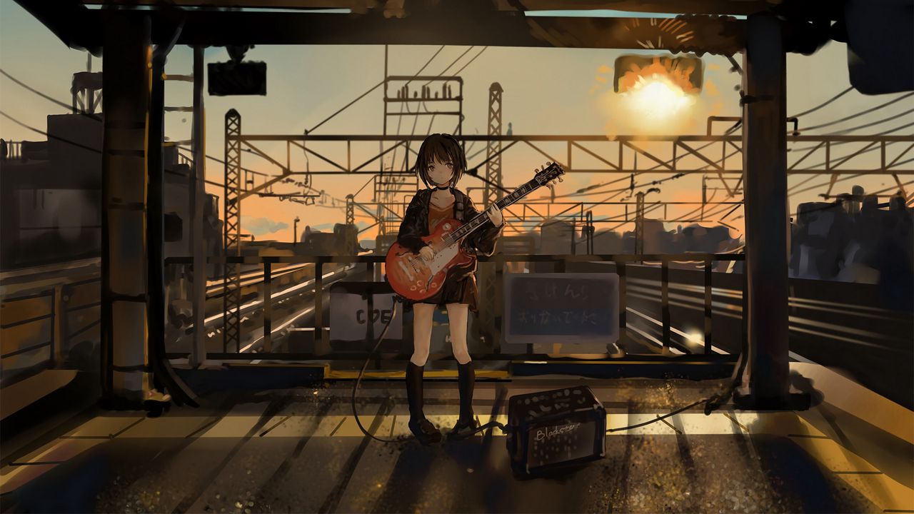 Wallpaper girl, guitar, anime, musician, electric guitar, art