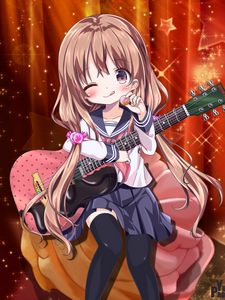 Preview wallpaper girl, guitar, candy, smile, anime, art