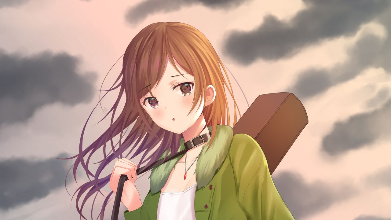 Wallpaper girl, guitar, case, clouds, anime