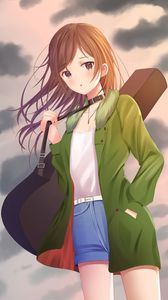 Preview wallpaper girl, guitar, case, clouds, anime