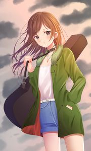 Preview wallpaper girl, guitar, case, clouds, anime