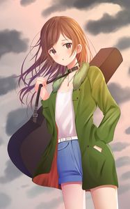 Preview wallpaper girl, guitar, case, clouds, anime