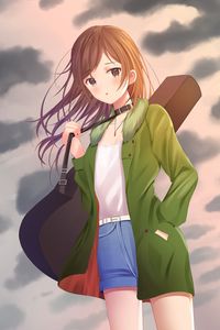 Preview wallpaper girl, guitar, case, clouds, anime