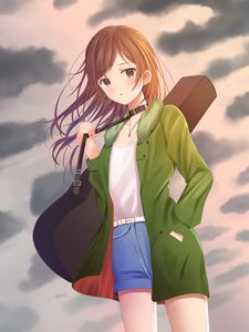 Preview wallpaper girl, guitar, case, clouds, anime