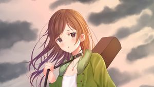 Preview wallpaper girl, guitar, case, clouds, anime