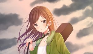 Preview wallpaper girl, guitar, case, clouds, anime