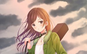 Preview wallpaper girl, guitar, case, clouds, anime