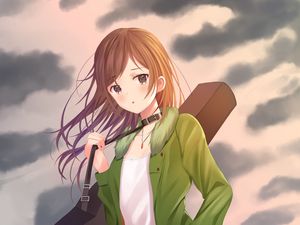 Preview wallpaper girl, guitar, case, clouds, anime