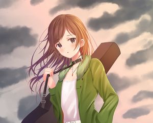 Preview wallpaper girl, guitar, case, clouds, anime