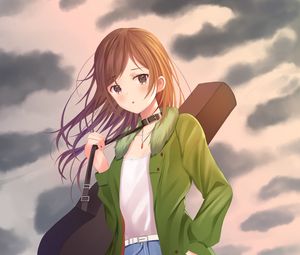 Preview wallpaper girl, guitar, case, clouds, anime