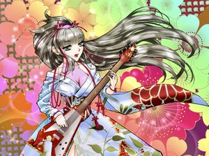 Preview wallpaper girl, guitar, kimono, anime, art