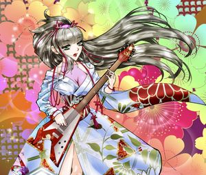 Preview wallpaper girl, guitar, kimono, anime, art