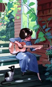 Preview wallpaper girl, guitar, music, cat, art