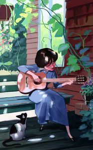 Preview wallpaper girl, guitar, music, cat, art