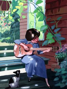 Preview wallpaper girl, guitar, music, cat, art