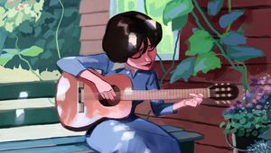 Preview wallpaper girl, guitar, music, cat, art