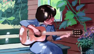 Preview wallpaper girl, guitar, music, cat, art