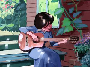 Preview wallpaper girl, guitar, music, cat, art