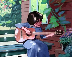 Preview wallpaper girl, guitar, music, cat, art