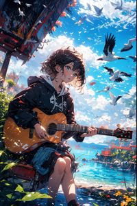 Preview wallpaper girl, guitar, seagulls, art, anime