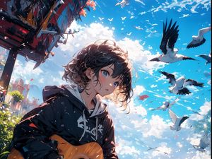 Preview wallpaper girl, guitar, seagulls, art, anime