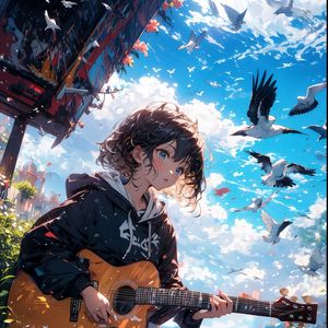 Preview wallpaper girl, guitar, seagulls, art, anime