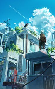 Preview wallpaper girl, guy, building, anime