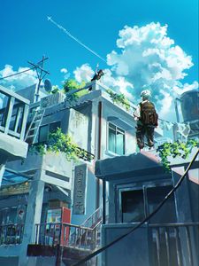 Preview wallpaper girl, guy, building, anime