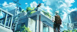 Preview wallpaper girl, guy, building, anime