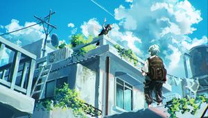 Preview wallpaper girl, guy, building, anime