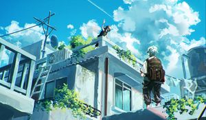 Preview wallpaper girl, guy, building, anime