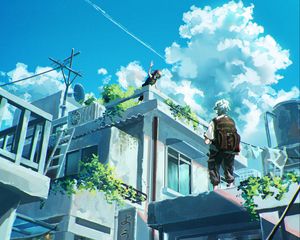 Preview wallpaper girl, guy, building, anime