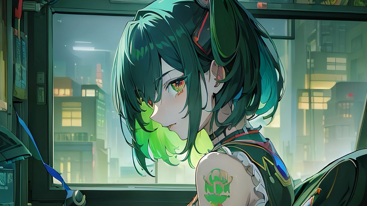 Wallpaper girl, hacker, window, green, anime