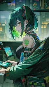 Preview wallpaper girl, hacker, window, green, anime