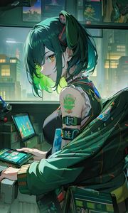 Preview wallpaper girl, hacker, window, green, anime