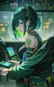 Preview wallpaper girl, hacker, window, green, anime