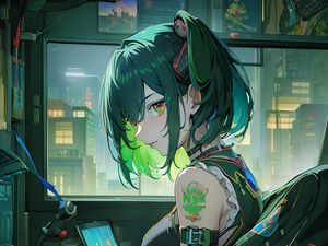 Preview wallpaper girl, hacker, window, green, anime