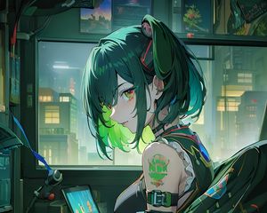 Preview wallpaper girl, hacker, window, green, anime