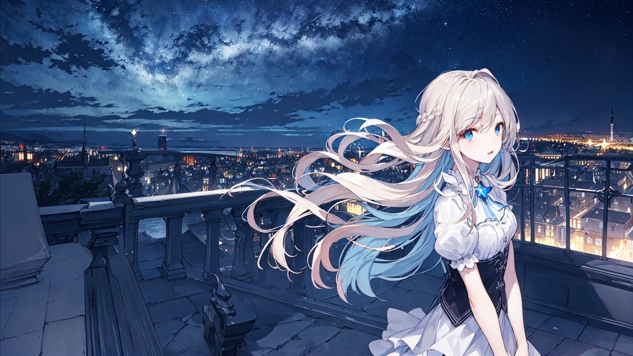 Wallpaper girl, hair, dress, city, night, height, anime hd, picture, image