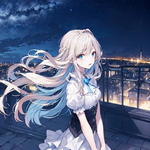 Preview wallpaper girl, hair, dress, city, night, height, anime
