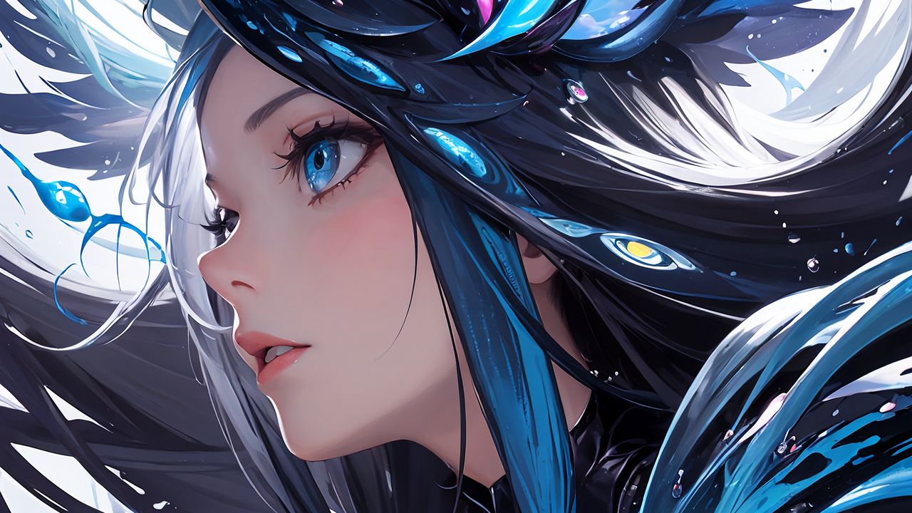 Wallpaper girl, hair, drops, blue, anime