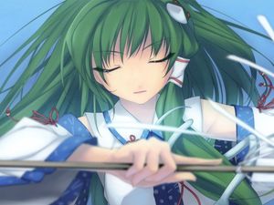 Preview wallpaper girl, hair, green, meditation, peace, weapons