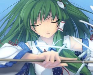 Preview wallpaper girl, hair, green, meditation, peace, weapons