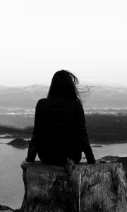 Preview wallpaper girl, hair, mountains, bw