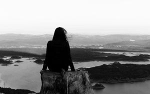 Preview wallpaper girl, hair, mountains, bw