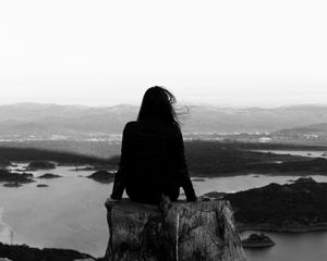 Preview wallpaper girl, hair, mountains, bw