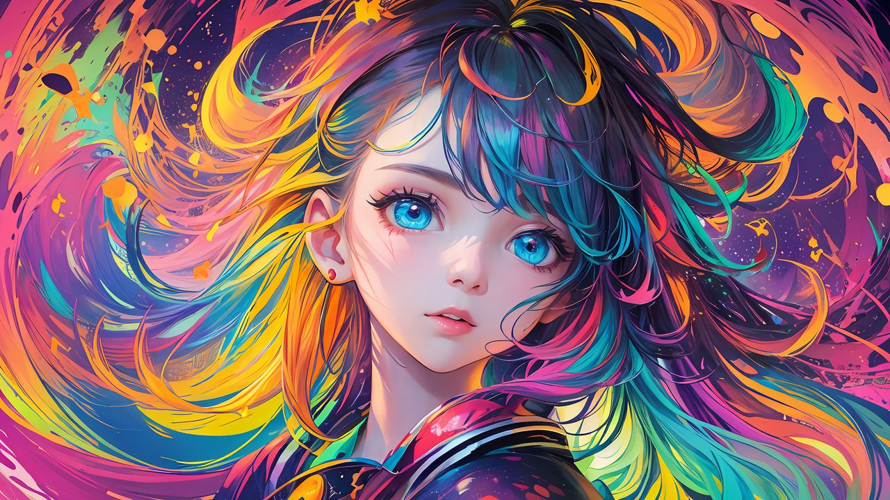 Wallpaper girl, hair, paint, colorful, bright, anime