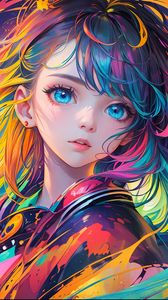Preview wallpaper girl, hair, paint, colorful, bright, anime