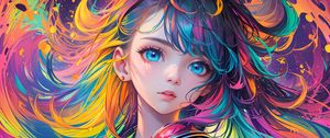 Preview wallpaper girl, hair, paint, colorful, bright, anime
